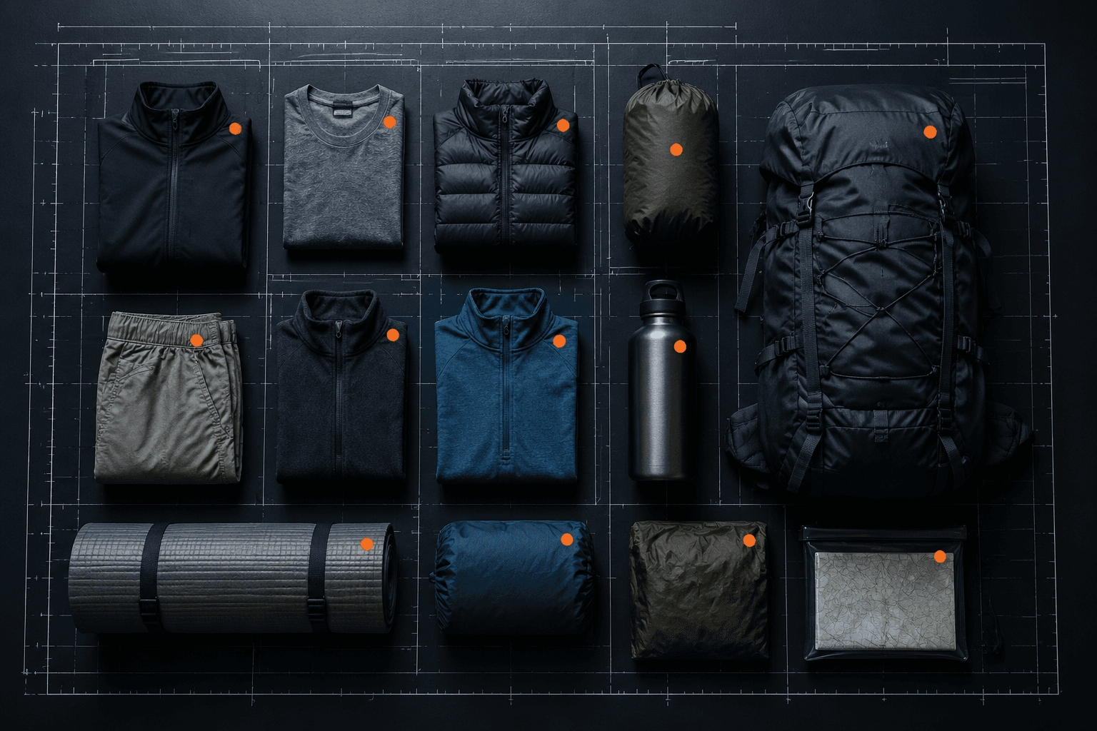 Ordinary outdoor gear laid out like a CAD board on a dark graphite lab bench with a white grid and safety-orange access markers
