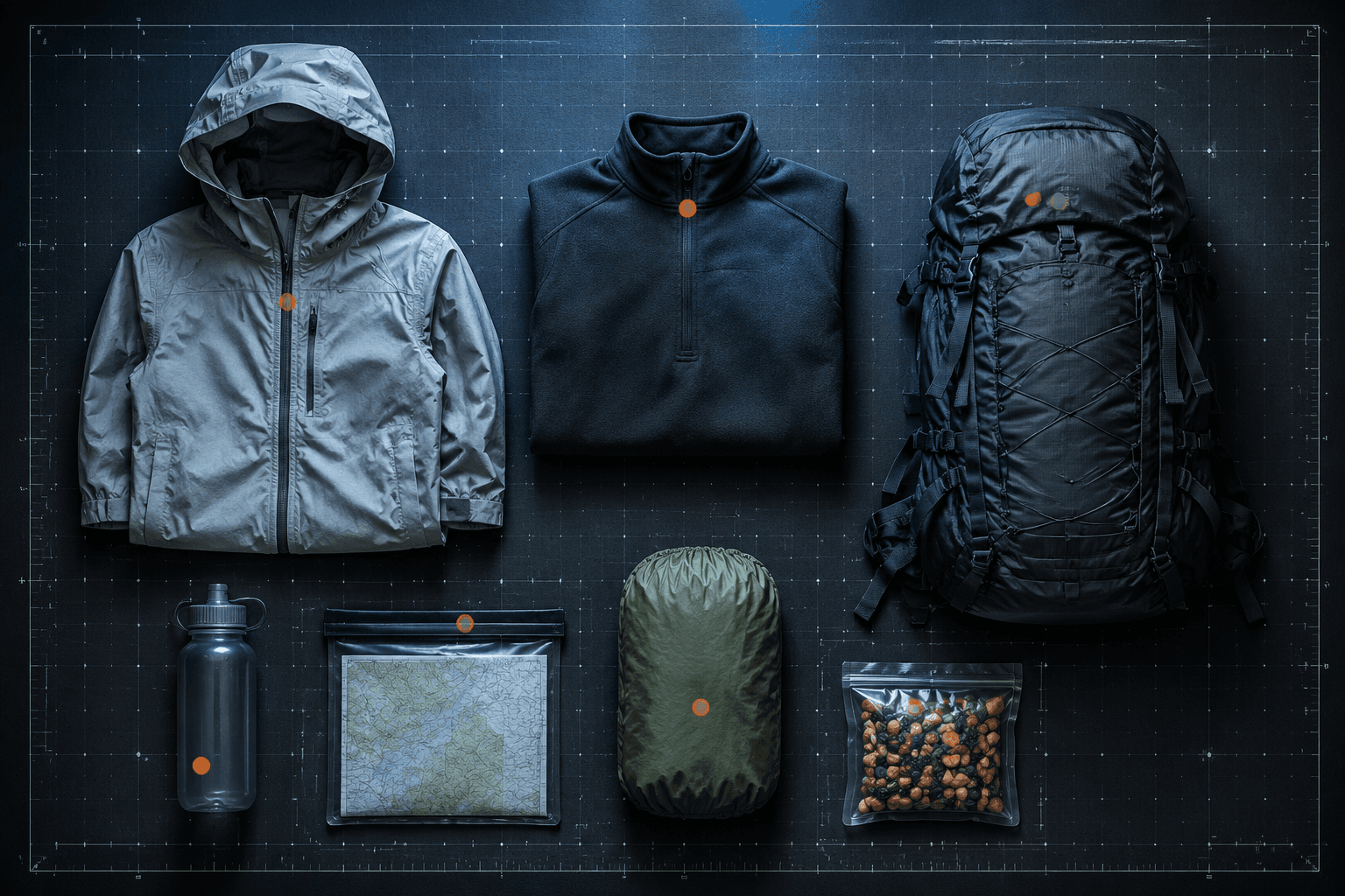 Day-hike gear laid out on a graphite lab bench with a white grid and orange access markers