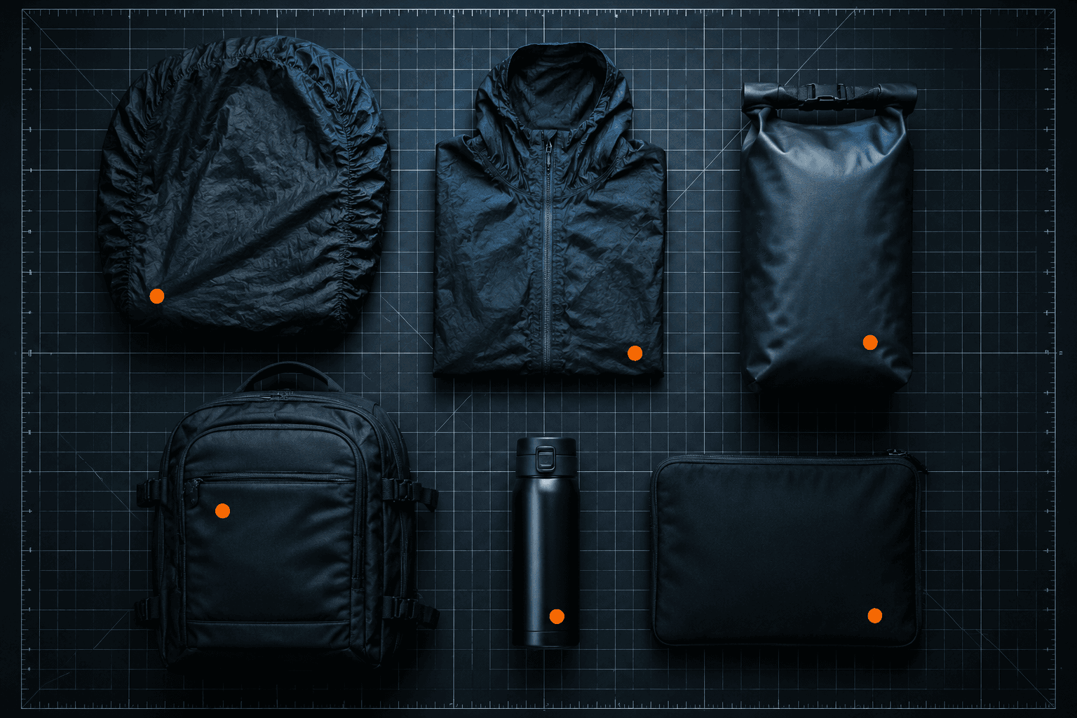 Wet commute gear board on a graphite bench with orange access markers